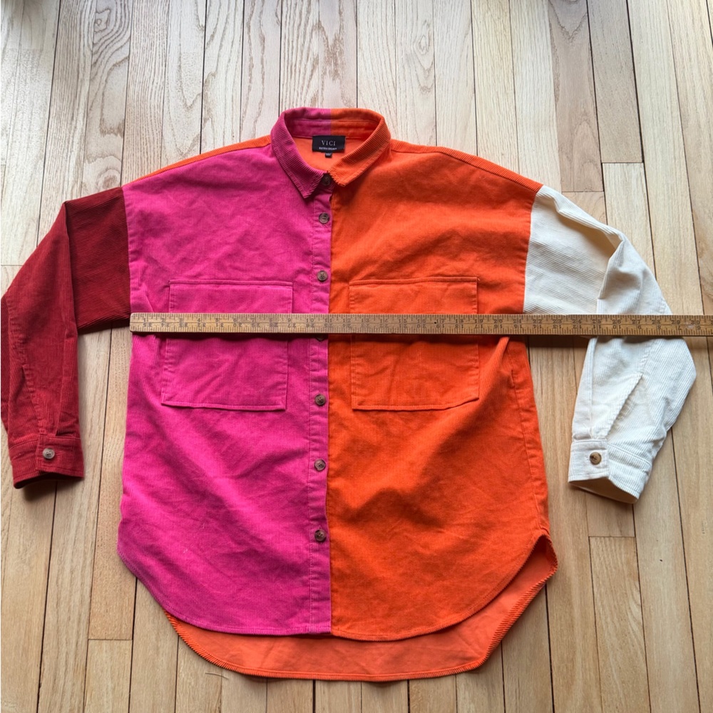 Vici Vibrant Pink, Orange, and Cream corduroy Button Down Shirt - Picture 3 of 5